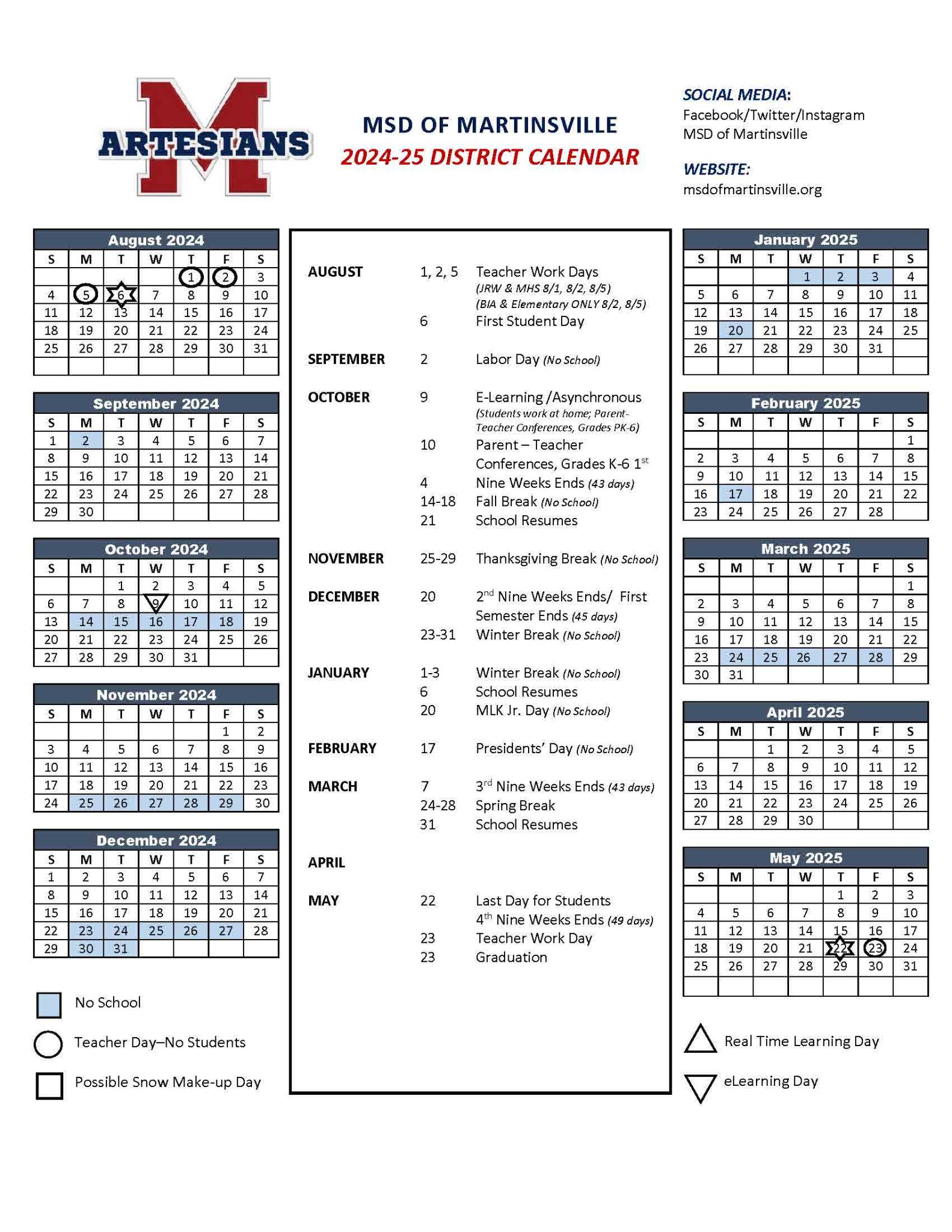 Calendars MSD of Martinsville