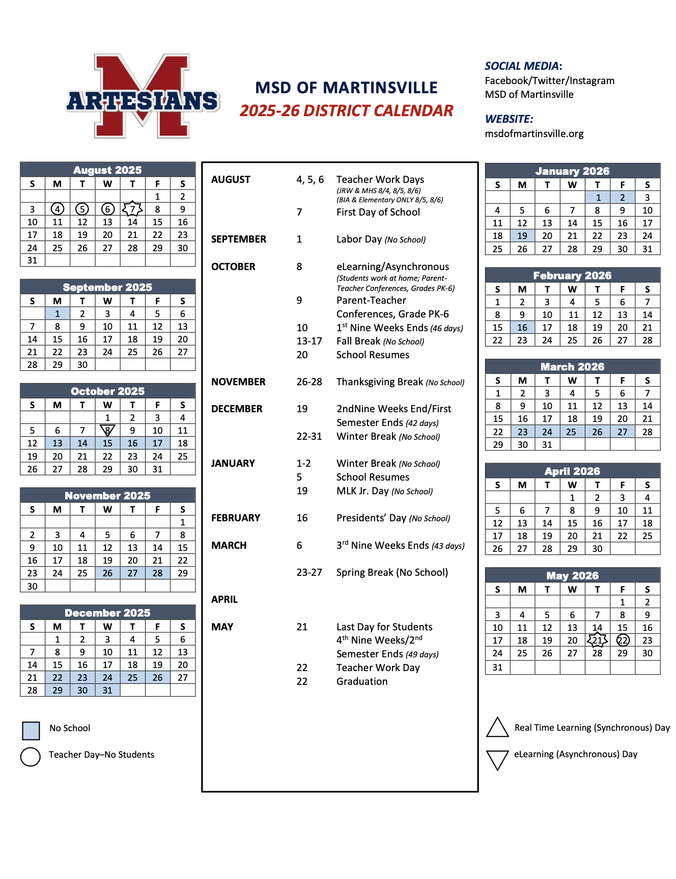 Calendars MSD of Martinsville